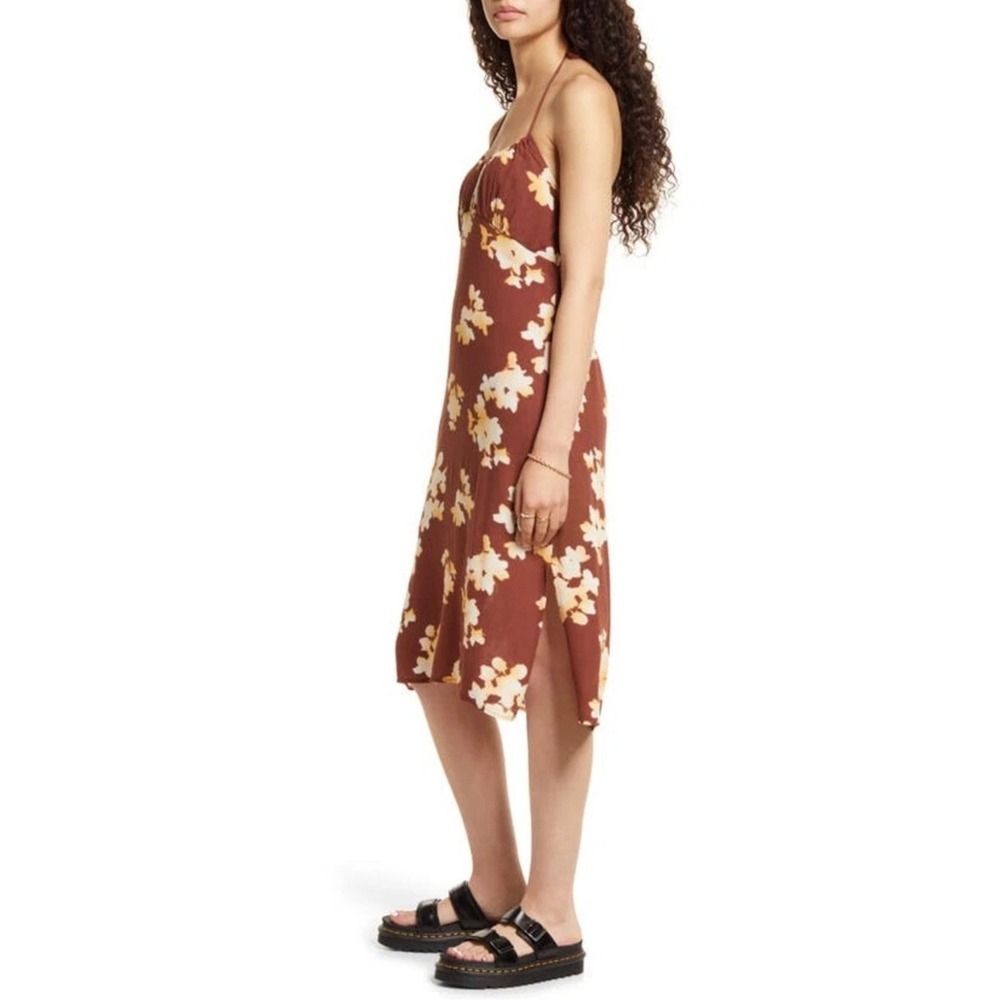 Bp.‎ Ecovero Tie Back Halter Midi Dress Brown Ivory Floral XL NWT Beachy Boho